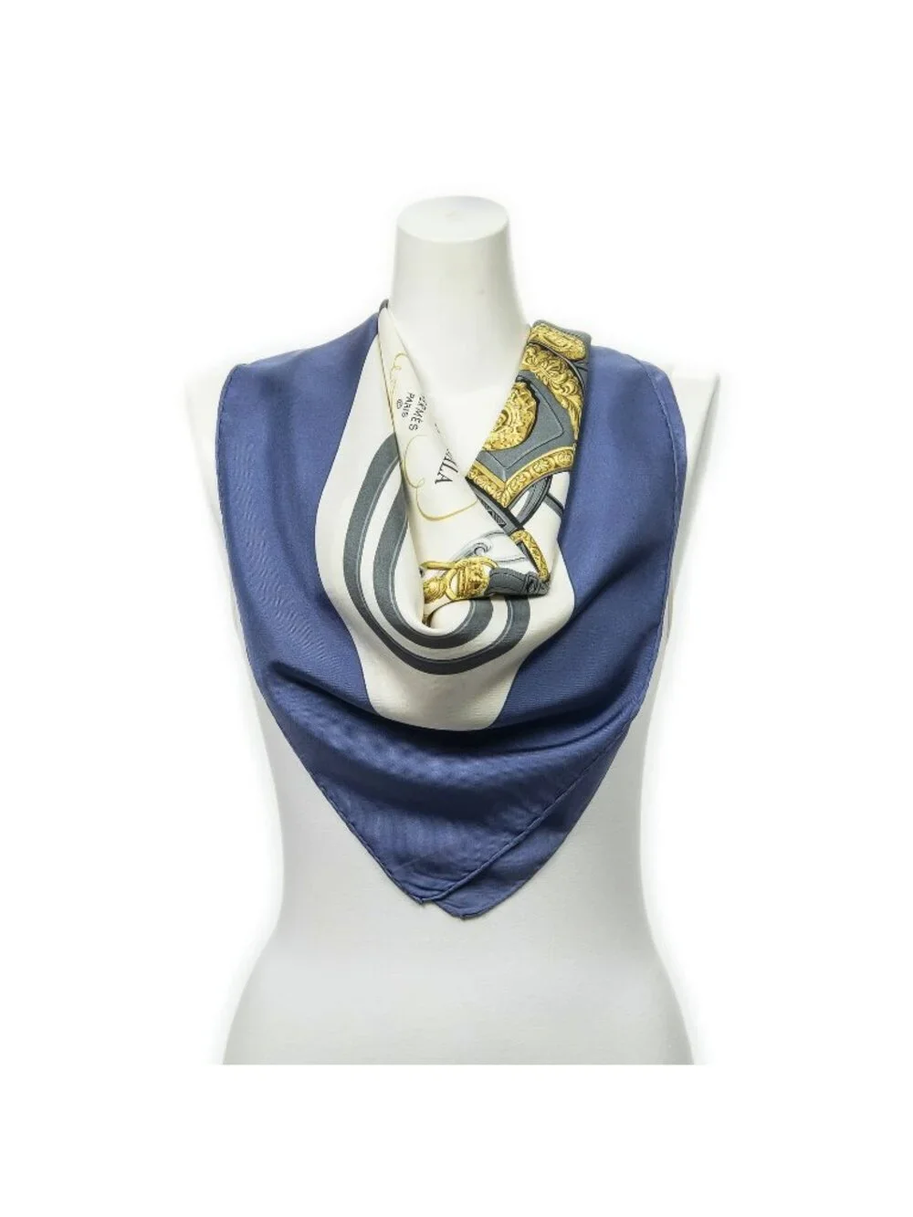 Hermes Scarf Navy White Gray Twill Silk